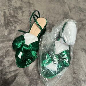 Loeffler Randall Camellia Emerald Green Metallic Pleated Bow Slingback Heels 7.5